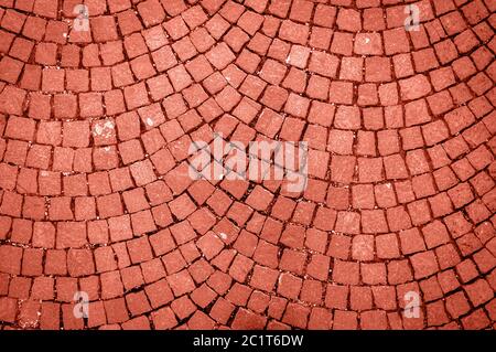 Stone wall made with squares. Living Coral Color of the year 2019. Main trend concept Stock Photo