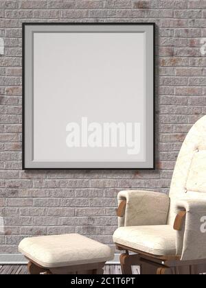 Blank picture frame with leather armchair. Mock up poster. 3D Stock Photo