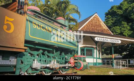 LAHAINA, UNITED STATES OF AMERICA - JANUARY 7, 2015: lahaina sugar cane train station and historic steam train Stock Photo