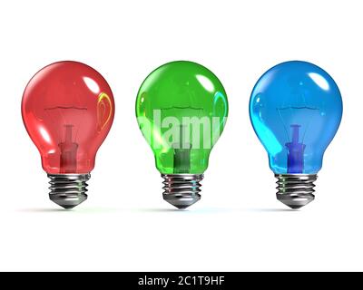 RGB red, green and blue light bulbs 3D Stock Photo