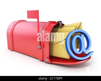 Red mailbox, two yellow envelope and blue AT sign 3D Stock Photo