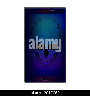 Skull on screen isolated on white background. Virus in smartphone. Cyber attack on phone. Blocked gadget does not work. Online piracy. Stock vector Stock Vector