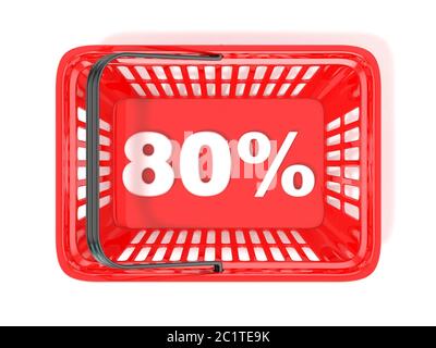 80 percent discount tag in red shopping basket. 3D Stock Photo