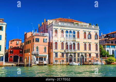 Palazzo Contarini palace building in Cannaregio sestiere from Grand Canal waterway in Venice historical city centre, blue clear sky background in summer day, Veneto Region, Italy Stock Photo