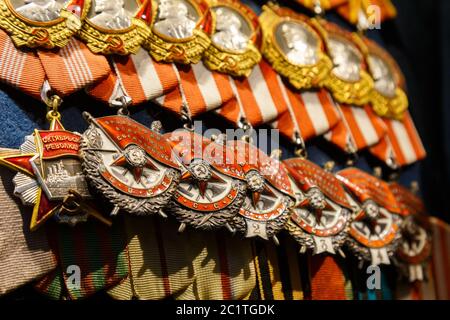 Moscow, Russia - January 23, 2019: Central Armed Forces Museum. Different awards, orders and medals on the russian army uniform. Stock Photo