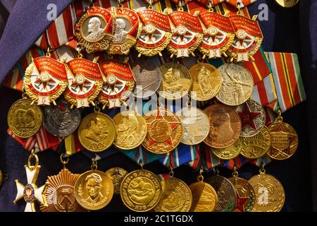 Moscow, Russia - January 23, 2019: Central Armed Forces Museum. Different awards, orders and medals on the russian army uniform. Stock Photo