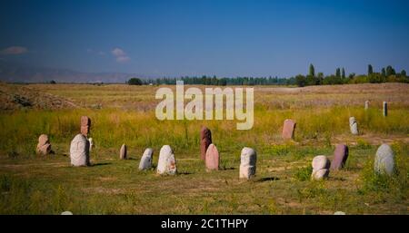 Kurgan stelae aka Balbals near the Berana tower, Tokmok,Chuy Valley Kyrgyzstan Stock Photo