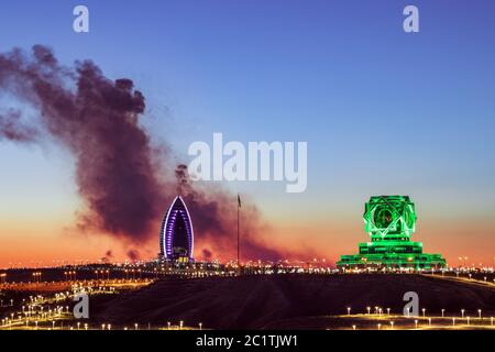 smoke and pollution after fireworks over the 5-star hotel and a wedding hall Stock Photo