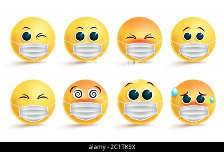 Emoticon smiley face mask vector set. Smiley emoji or icon coronavirus covid-19 in surgical mask with different facial expression for covid19. Stock Vector