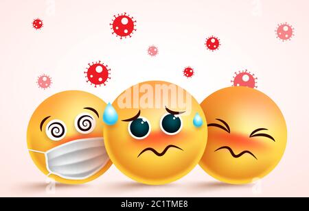 Smiley coronavirus covid-19 infected vector concept. Smiley emoji corona-virus covid19 disease infected in sick, dizzy and sad facial expressions. Stock Vector