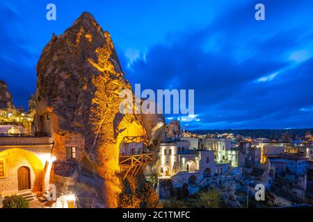 Cappadocia city skyline at night in Goreme, Turkey Stock Photo