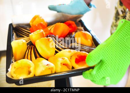 Close up shot of roast pepper and eggplant in a tray Stock Photo