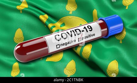 Flag of Rutland waving in the wind with a positive Covid-19 blood test tube. Stock Photo