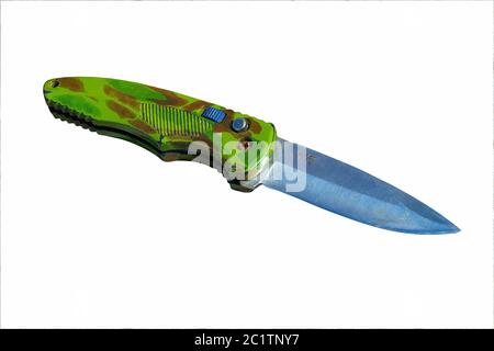 Old folding army knife isolate on white background. Stock Photo