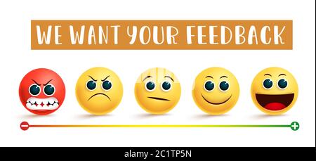Smiley emoji customer feedback vector banner concept. We want your feedback text with emoji in angry, sad, confused, smile and happy facial expression. Stock Vector
