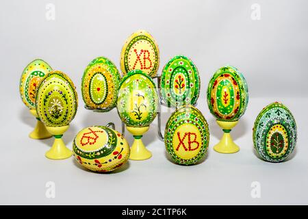 the Easter eggs, the hand-painted with acrylic paints Stock Photo