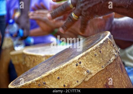 Brazilian rustic ethnic drums players in religious festival Stock Photo