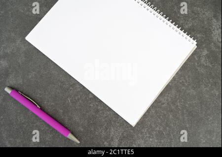 A blank notebook and a pink pen placed on textured stone table Stock Photo