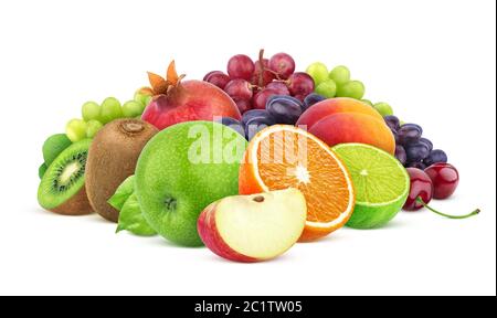 Heap of different fruits and berries isolated on white background Stock Photo