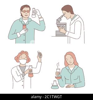 Set of scientists developing vaccine or making chemical or medicine analysis vector cartoon outline illustration. Young Chemists in laboratory suits conduct experiments, look through a microscope. Stock Vector