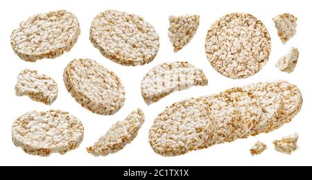 Puffed rice bread isolated on white background, diet crispy round rice waffles Stock Photo