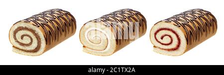 Sponge cake roll isolated on white background, with chocolate, vanilla and berry cream, different swiss rolls collection Stock Photo