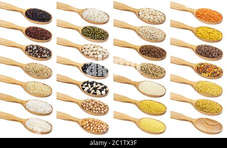 Grains in spoons isolated on white background Stock Photo