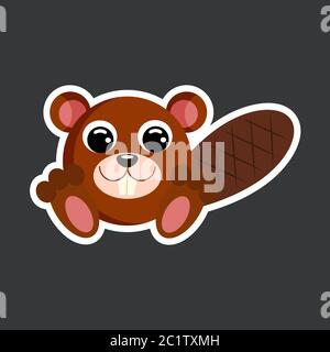 cute cartoon beaver sticker vector illustration. Flat design. Stock Vector