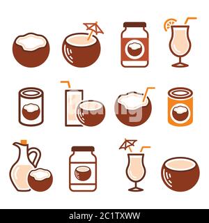 Coconut milk, oil, cocktail - vector healthy food icons set Stock Vector