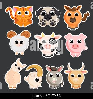 Cute domestic animals set sticker template vector Stock Vector