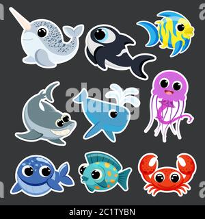 cute ocean animals set sticker template in flat vector style Stock Vector