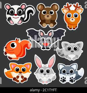 cute forest animals set sticker template in flat vector style Stock Vector