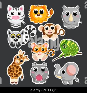 cute african animals set sticker template in flat vector style Stock Vector