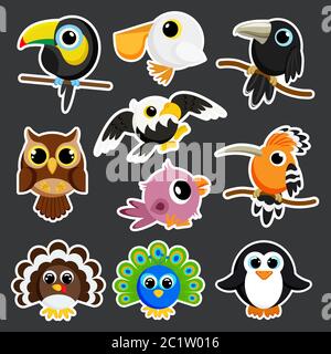 cute birds set sticker template in flat vector style Stock Vector