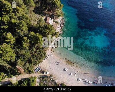 Korcula island, Croatia - drone view of beach in Pupnatska Luka. Stock Photo