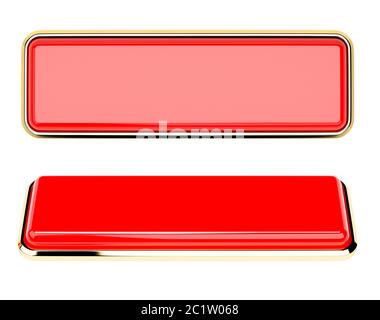 Red rectangle push button with golden frame. Shiny icon. 3d rendering ...