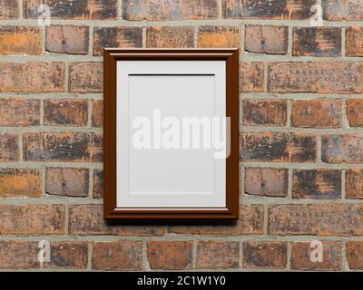 Empty picture frame hanging on the red brick wall. 3d rendering illustration Stock Photo