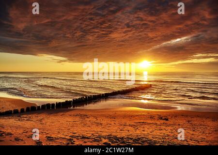 Golden sunset over Baltic Sea, Poland. Stock Photo