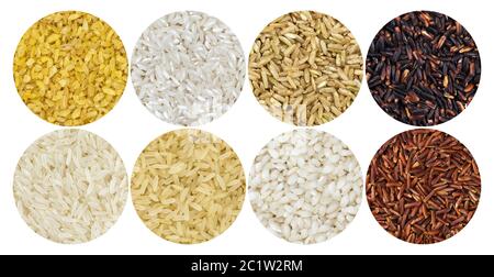 Set with different types of rice on white background. Banner design ...