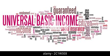 Universal basic income concept. UBI word cloud sign. Social welfare policy. Stock Photo