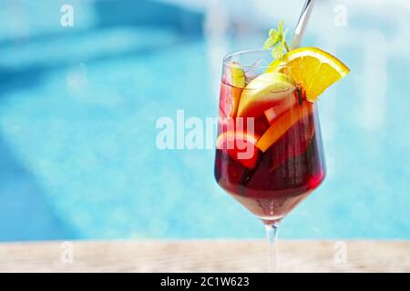 Refreshing classic fruit sangria by the pool Stock Photo
