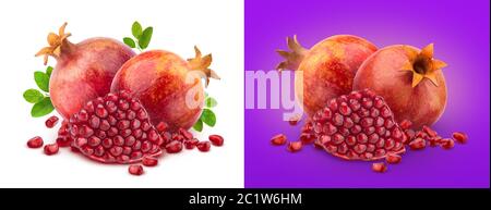 Ripe pomegranate fruits with pomegranate leaves isolated on white background Stock Photo