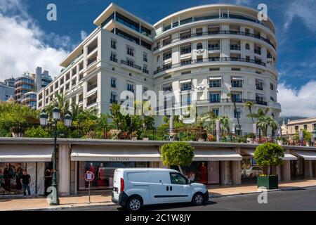 Monte Carlo, Monaco - June 13, 2019 : Hotel de Paris with luxury shops. One of the favorite place for rich people. Stock Photo