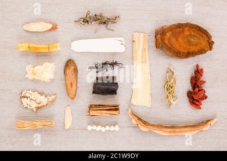 Traditional chinese herb ingredients used in alternative herbal medicine. Stock Photo