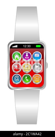 Smartwatch with different function Buttons on red desktop - 3D illustration Stock Photo