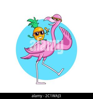 Happy Flamingo bird chill dance with pineapple fruit character vector illustration for summer vibes concept design Stock Vector