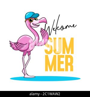 Cool flamingo stand with Welcome summer typography text vector illustration Stock Vector