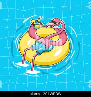 Flamingo exotic bird sitting on doughnut pool float wear sun glasses and drink orange juice on water swimming pool character vector illustration Stock Vector