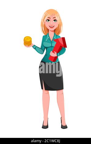 Young successful business woman holding bitcoins. Blond businesswoman cartoon character. Vector illustration on white background Stock Vector