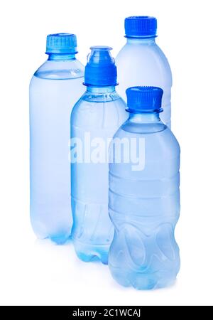 Set of transparent plastic water bottle with blank label. Clear water and  natural mineral bottle with white, green, red, and blue cap. Healthy drink.  Collection of plastic bottle with full liquid. Stock